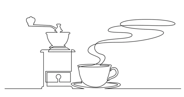 Línea continua de dibujo de la taza de aroma caliente de café y molinillo de café manual vintage — Vector de stock
