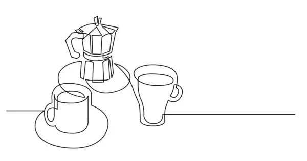 Ciągły rysunek linii kawy garnka z dwóch filiżanek kawy na blat stołu — Wektor stockowy
