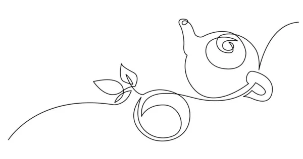 Continuous line drawing of tea pot with tea leaves and cup — Stock Vector
