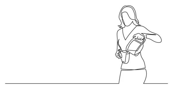 Fincan kahve döken kadın sürekli çizgi çizim — Stok Vektör