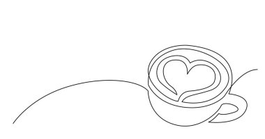 köpük üzerinde kalp ile kapuçino kahve fincanı sürekli çizgi çizim