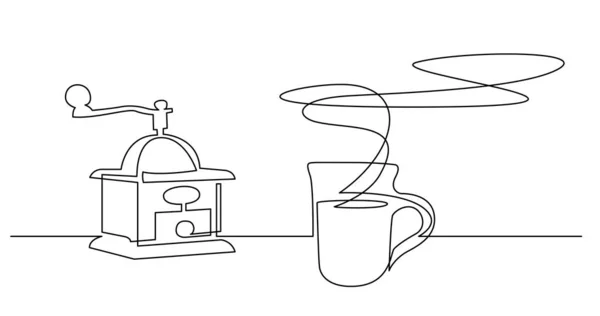 Linha contínua de desenho de moedor de café e xícara de café fresco cheiro — Vetor de Stock
