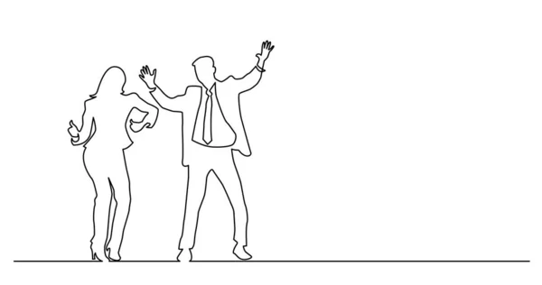 Continuous line drawing of couple of happy successful business people cheering — Stock Vector