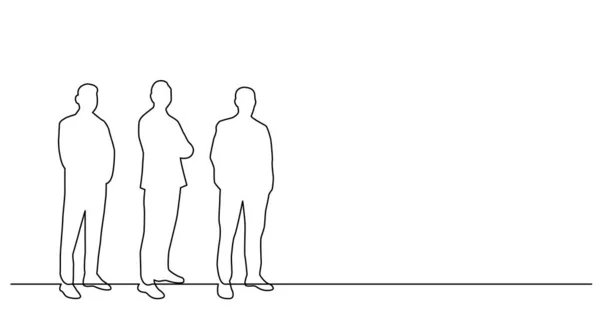 Birlikte duran üç erkekten oluşan grubun sürekli çizgi çizimi — Stok Vektör