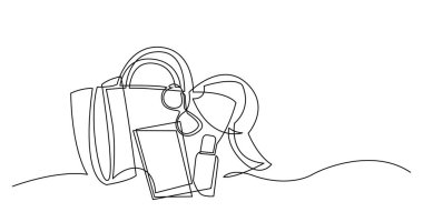 kum plajda güneş kremi losyon havlu şapka ve bilet ile çanta sürekli çizgi çizim