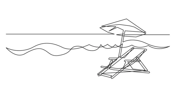 Linea continua disegno di sdraio e ombrelloni vicino onde marine — Vettoriale Stock