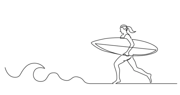 Dibujo en línea continua de la mujer surfista corriendo en la playa con tabla de surf — Vector de stock