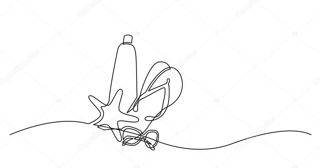 continuous line drawing of sunscreen lotion sunglasses flip flops starfish on sand beach