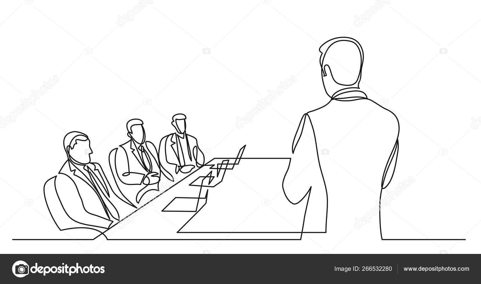 Team leader talking before board members - single line drawing