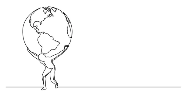 Kontinuerlig linje ritning av människan som håller världen på axlarna — Stock vektor