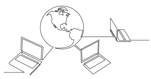 Desenho de linha contínua de computadores portáteis conectados ao mundo —  Vetores de Stock