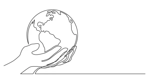 Desenho de linha contínua da mão humana segurando mundo planeta terra —  Vetores de Stock