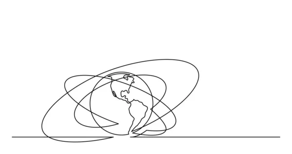 Kontinuierliche Linienzeichnung des Planeten Erde mit Umlaufbahnen — Stockvektor