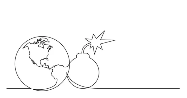 Kontinuierliche Linienzeichnung des Weltplaneten mit Bombe mit Zünder — Stockvektor