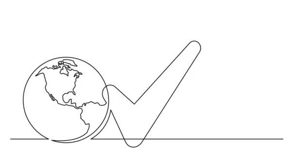 Kontinuierliche Linienzeichnung des Planeten mit Häkchen-Symbol — Stockvektor