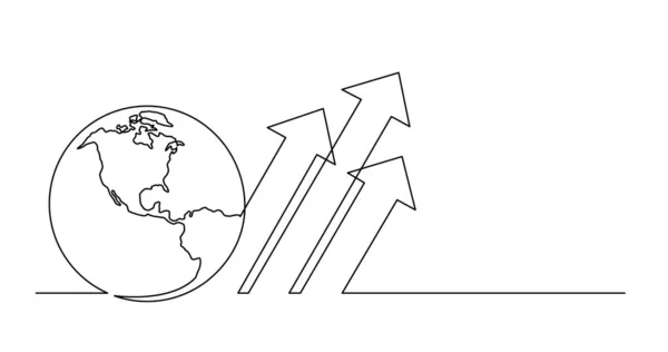 Continuous line drawing of world planet with business chart arrows — Stock Vector