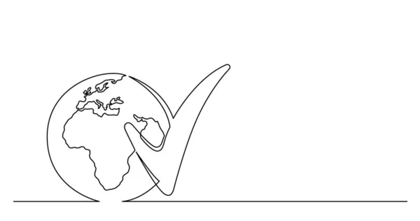 Desenho de linha contínua do planeta mundial com ícone de marca marcada —  Vetores de Stock