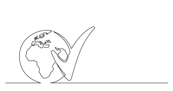 Trazado continuo de la línea del planeta mundo con el icono de marca marcada — Archivo Imágenes Vectoriales