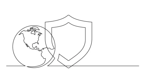 Continuous line drawing of world planet with protection security shield icon — Stock Vector