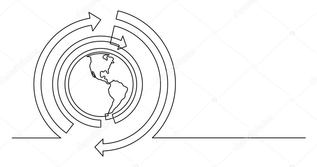 continuous line drawing of world planet with spinning arrows