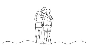 continuous line drawing of two teenage girls hugging each other clipart