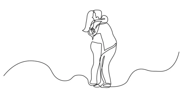Dessin en ligne continue de couple de gars et de filles se serrant dans leurs bras — Image vectorielle