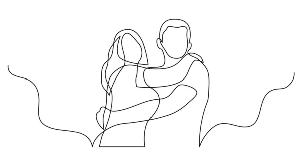 Linha contínua desenho de casal feliz de homem e mulher abraçando uns aos outros —  Vetores de Stock
