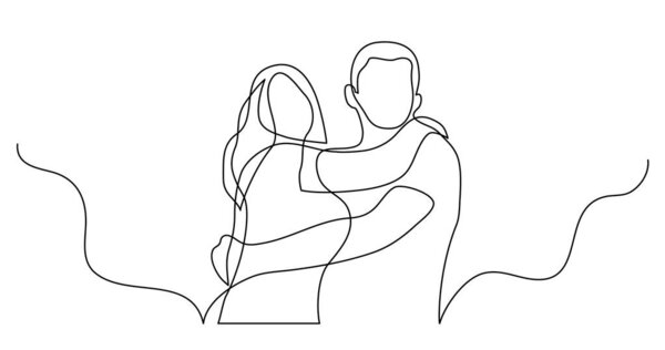 continuous line drawing of happy couple of man and woman hugging each other