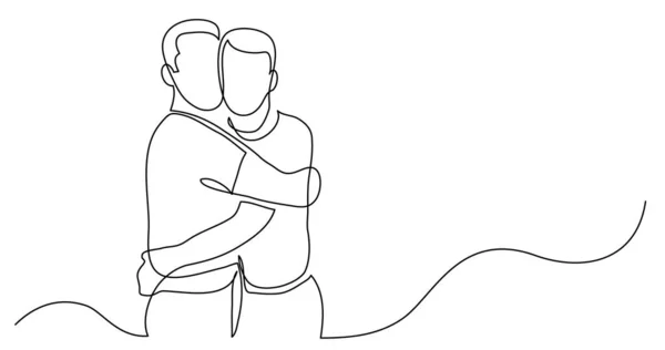 Línea continua dibujo de pareja gay abrazándose entre sí — Vector de stock