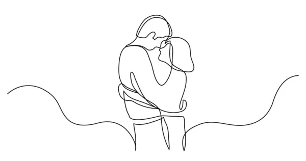 Desenho linha contínua de casal amoroso de homem jovem e mulher abraçando uns aos outros — Vetor de Stock