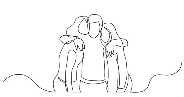 Dessin de ligne continue de trois amis adolescents s'embrassant — Image vectorielle