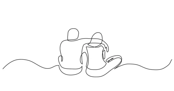 连续线画的两个亲密的朋友坐在一起拥抱对方 — 图库矢量图片