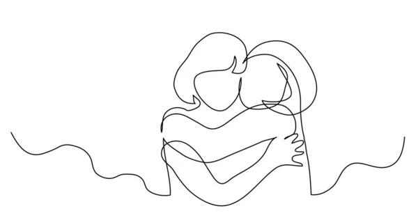 Continuous line drawing of two girls hugging each other — Stock Vector