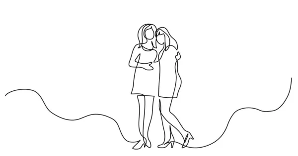 Continuous line drawing of two woman friends hugging each other — Stock Vector