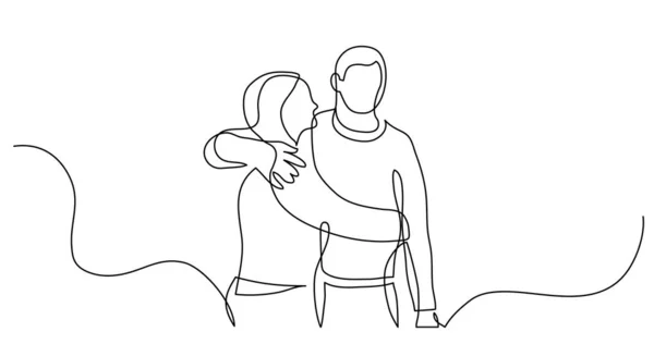 Dessin de ligne continue de jeune couple d'amis étreignant chaque — Image vectorielle