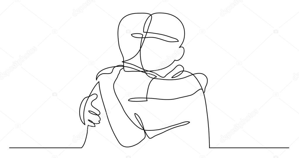 continuous line drawing of two close friends meeting hugging each other
