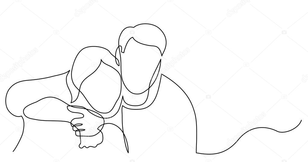 continuous line drawing of man and woman hugging each other