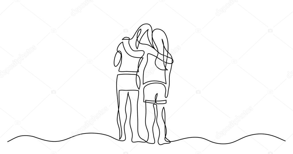 continuous line drawing of two teenage girls hugging each other