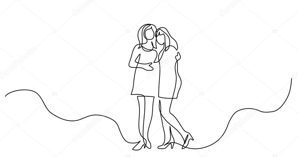 continuous line drawing of two woman friends hugging each other