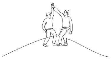 Continuous line drawing of two travelers giving high five on mountain top vector
