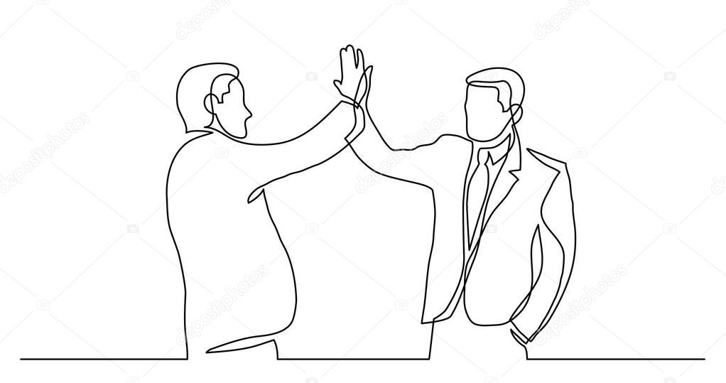 continuous line drawing of two cheerful professionals giving high five