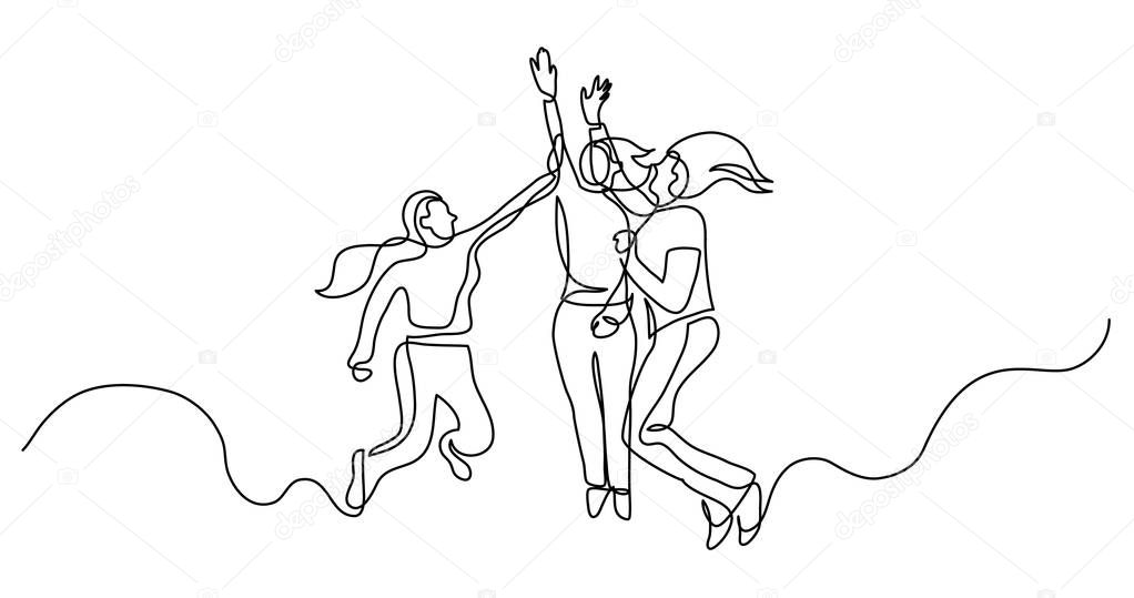 continuous line drawing of group of happy women jumping giving high five