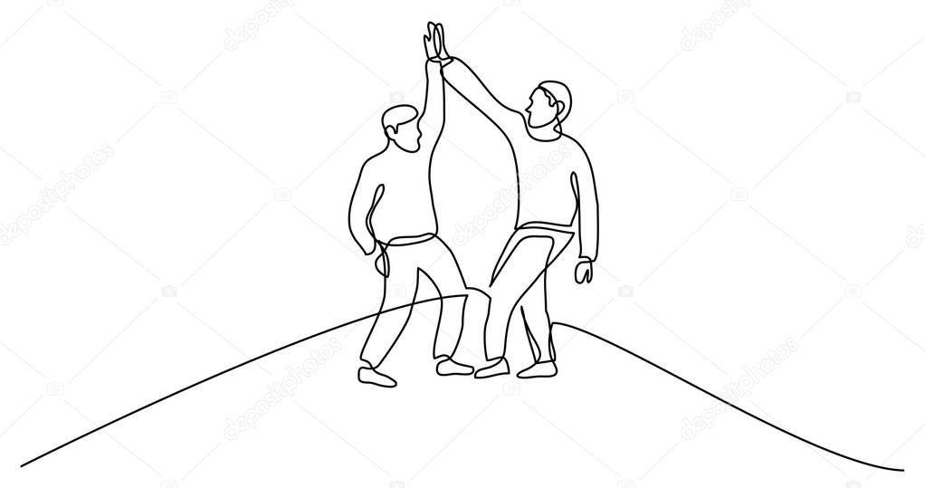 continuous line drawing of two travelers giving high five on mountain top