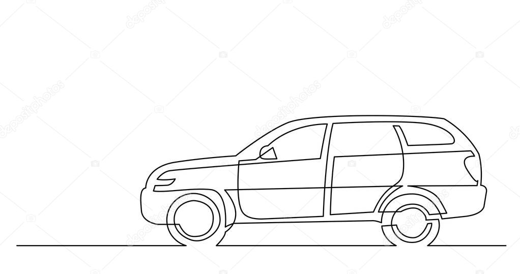 continuous line drawing of side view of modern suv car