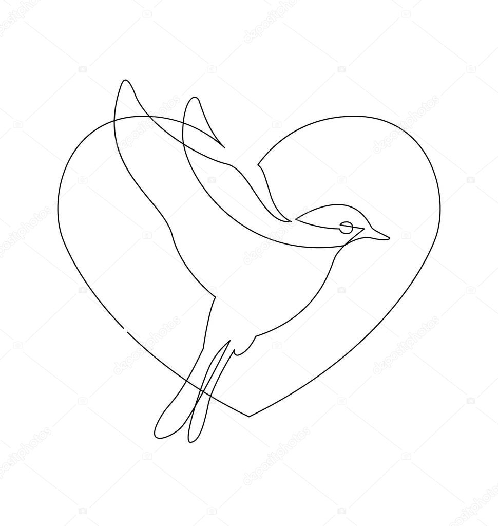 continuous line drawing of flying bird in heart shape love symbol