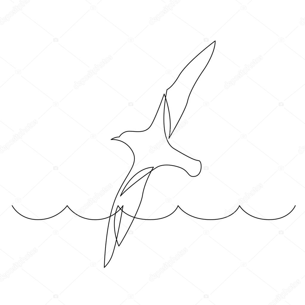 Continuous line drawing of sea bird flying over ocean waves