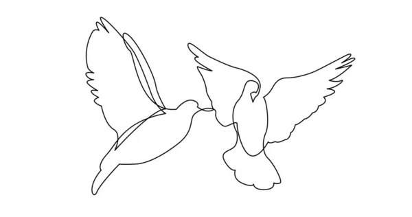 Línea continua dibujo de dos palomas aves volando conexión t — Vector de stock