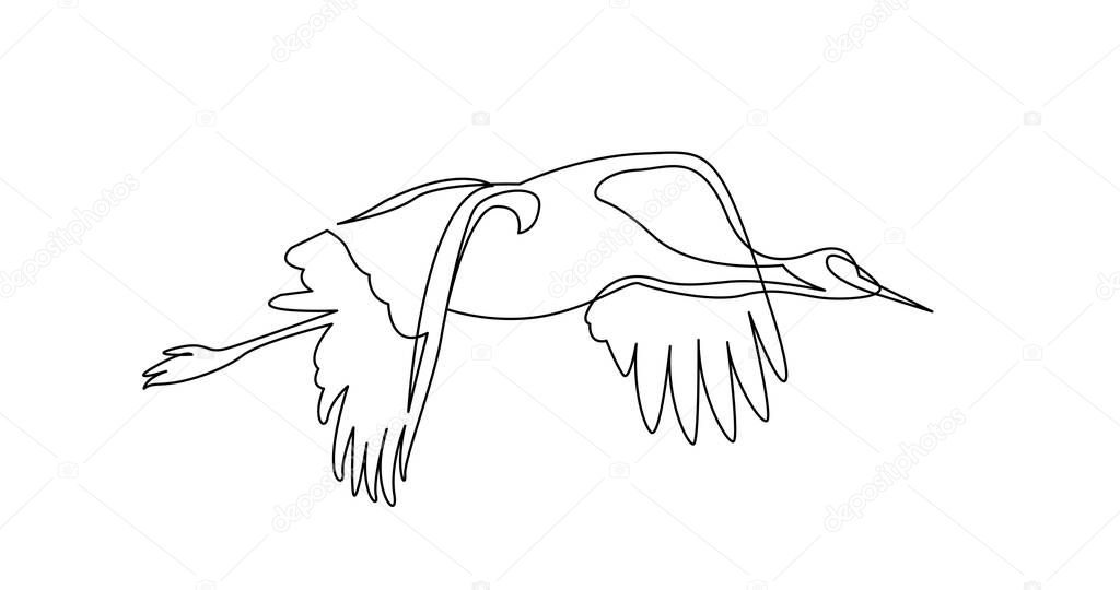 continuous line drawing of beautiful crane bird flying
