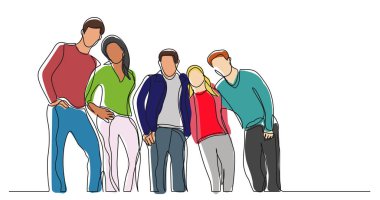 genç öğrenci arkadaşlar birlikte poz ayakta grup gülümseyen - bir çizgi çizme