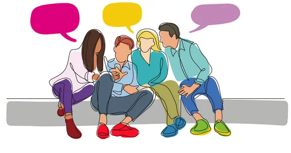 Gruppo di amici che parlano guardando il telefono cellulare - una linea drawin — Vettoriale Stock